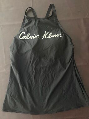 Calvin Klein Black Racerback Tank Bathing Top with White Script Logo